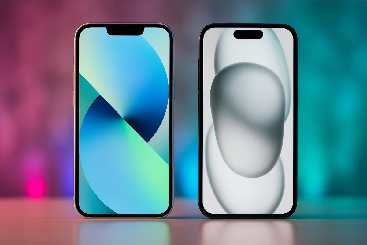 Comparação lado a lado entre iPhone 13 vs iPhone 15 destacando diferenças visuais e design em 2025