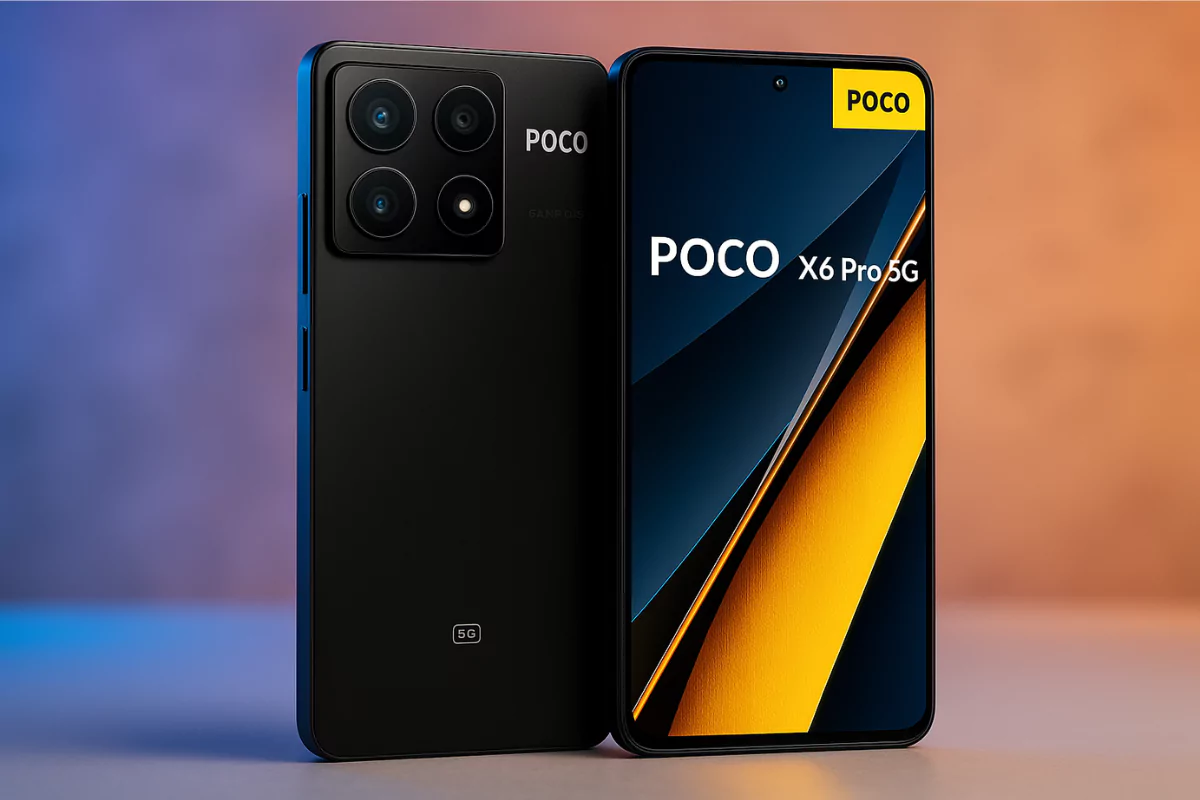 Imagem do smartphone POCO X6 Pro 5G na cor preta, mostrando design moderno e tela AMOLED ligada com interface MIUI 14.
