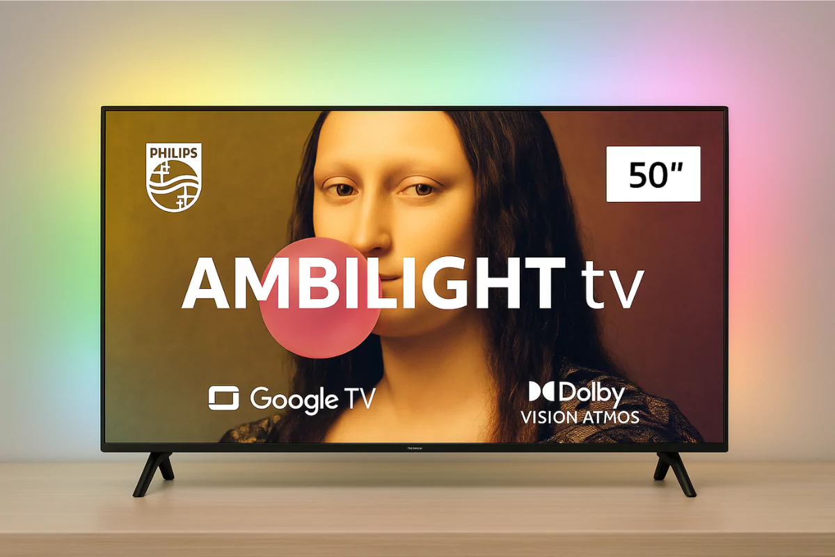 Smart TV Philips Ambilight 50 4K com luzes LED laterais ativadas, imagem de alta definição em exibição e interface do sistema inteligente visível.